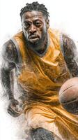 Basketball player dribbles fiercely on the court during a heated game in an indoor arena photo