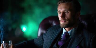 Stylish man in a suit enjoys a drink while seated comfortably in a dimly lit lounge during the evening photo