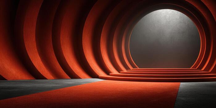 Modern circular architectural design featuring red textures and a dramatic circular opening set in a minimalist environment photo