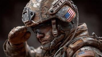 Soldier in tactical gear salutes with pride during a challenging mission in a dusty environment photo