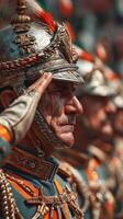Soldiers in ceremonial uniforms salute during a military parade in a historic city square, showcasing patriotism and tradition in the morning light photo