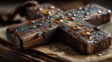 Detailed close-up of a weathered wooden cross with water droplets on an old book at an indoor setting during a quiet afternoon photo