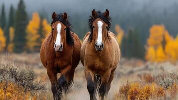 Two brown horses running towards the camera in a colorful autumn landscape with golden trees photo