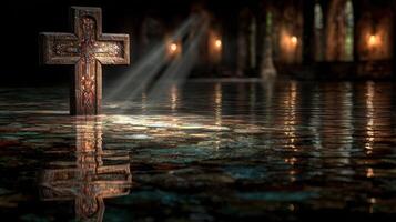 Light streams through a dilapidated church with a cross reflecting in the flooded interior at dusk photo
