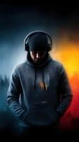 Young man with headphones stands in front of a dramatic backdrop of contrasting colors suggesting serenity and intensity photo