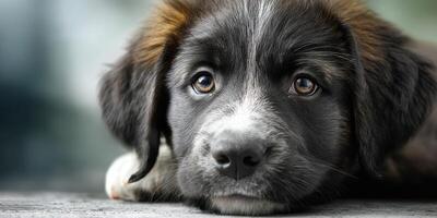 Puppy with soulful eyes resting on a surface during a serene outdoor moment photo