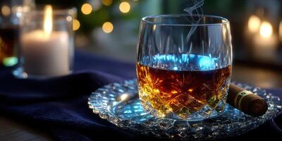 Warm whiskey and cigar combination captured in a cozy setting with ambient lighting during the evening photo