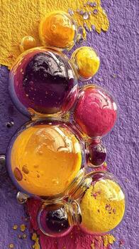 Colorful liquid droplets create an artistic display on a textured purple surface during bright daylight photo