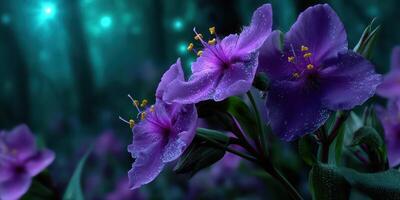 Vibrant purple flowers glistening with dew in a mystical forest during twilight photo