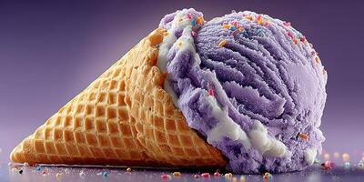 Delicious purple ice cream in a waffle cone with colorful sprinkles atop a smooth texture photo