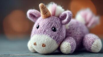 Knit unicorn toy sits on a wooden table surrounded by soft glowing lights in a cozy indoor setting photo