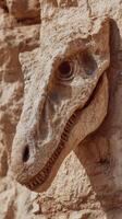 Fossilized dinosaur skull carving on rocky cliff face in natural setting during bright daylight photo