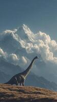 Dinosaur roams a vast landscape near towering snow-capped mountains under a clear sky at dusk photo