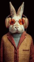 Stylish rabbit wearing headphones and sunglasses poses confidently in a vibrant outfit photo