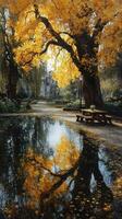 Vibrant autumn colors reflect in serene park pond during golden hour near historic buildings photo