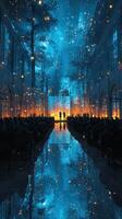Elegant gathering in a surreal setting with ethereal lights and reflections at dusk photo