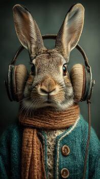 Rabbit with headphones wearing a cozy sweater and scarf in a creative studio setting during the daytime photo