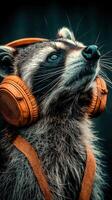 Raccoon wearing headphones enjoys music in a vibrant urban setting during a sunny day photo