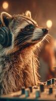 Raccoon DJ mixes tracks at a lively event under warm lights in a cozy venue photo