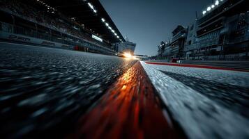 Racetrack at dusk with vibrant lights illuminating the starting grid and moving vehicles during an exciting event photo