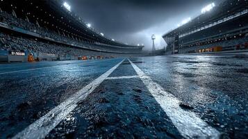 Rain-soaked racetrack under dark clouds during an evening at a busy stadium photo