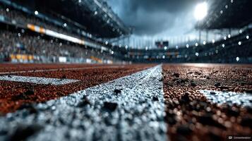 Students compete in a track and field race at a vibrant stadium during an overcast afternoon photo