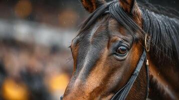 Close-up of a majestic brown horse with raindrops on its mane and soft focus background during a rainy day at a stable photo