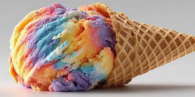 Colorful ice cream cone with swirls of rainbow flavors on a plain background photo
