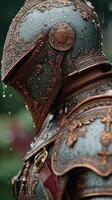 Detailed close-up of ornate armor adorned with droplets captured in the midst of a rainy outdoor setting during daytime photo