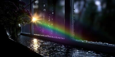 Sunlight streaming through a rainy window creates a rainbow in a cozy indoor setting photo