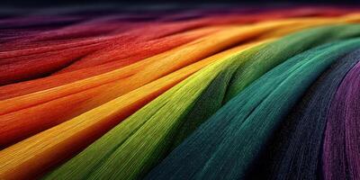 Colorful gradient of yarn strands flowing in vibrant hues showcasing artistic texture and patterns photo