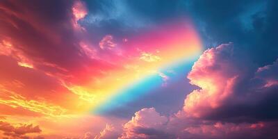 Colorful sunset sky with a rainbow arching over clouds during evening hours photo