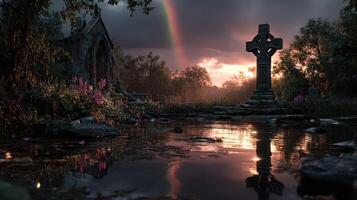 Celtic cross standing in serene cemetery during sunset with rainbow illuminating background photo