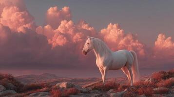 Majestic white unicorn standing in a tranquil landscape at sunset with colorful clouds photo