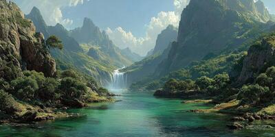 Majestic waterfall cascading into tranquil lake surrounded by lush mountains and clear blue sky in mid-afternoon photo