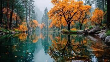 Vibrant autumn colors reflect in serene lake surrounded by lush forest during early morning mist photo
