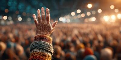Crowd gathered in support with raised hands at a lively event photo