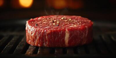 Cooking a juicy beef steak on a grill with a smoky atmosphere in a cozy kitchen setting photo