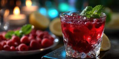 Refreshing raspberry cocktail with mint served on a dark table during a cozy evening gathering photo