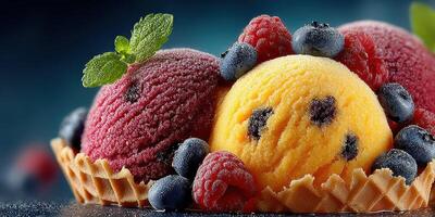 Colorful sorbet served in a waffle bowl with fresh raspberries and blueberries surrounded by mint leaves photo