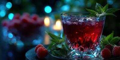 Refreshing raspberry mint drink served in a crystal glass with ambient lighting and blurred background photo