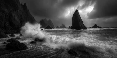 Dramatic coastline with rugged rock formations and crashing waves during a stormy afternoon at the sea photo
