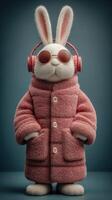 Cute fluffy bunny wearing headphones and sunglasses in a cozy pink jacket against a muted background photo