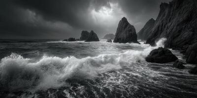 Waves crash against rugged cliffs under dark storm clouds on a remote coast at dusk photo