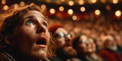 Audience captivated by performance at a theater during an evening show, showcasing emotions and expressions photo