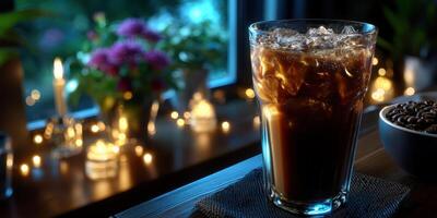 Refreshing iced coffee served in a glass near a window with flowers and soft candlelight in a cozy setting at dusk photo