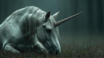Magical unicorn resting peacefully in a misty forest during twilight hours photo