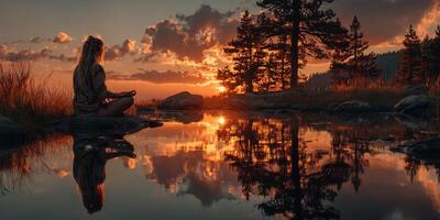 Woman meditates by a tranquil lake at sunset with reflections of vibrant clouds and trees in the water photo