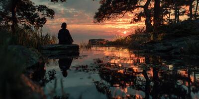 Sunset meditation by the water in a serene natural setting photo