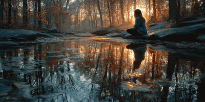 Reflective moment by the water in a serene forest during golden hour photo